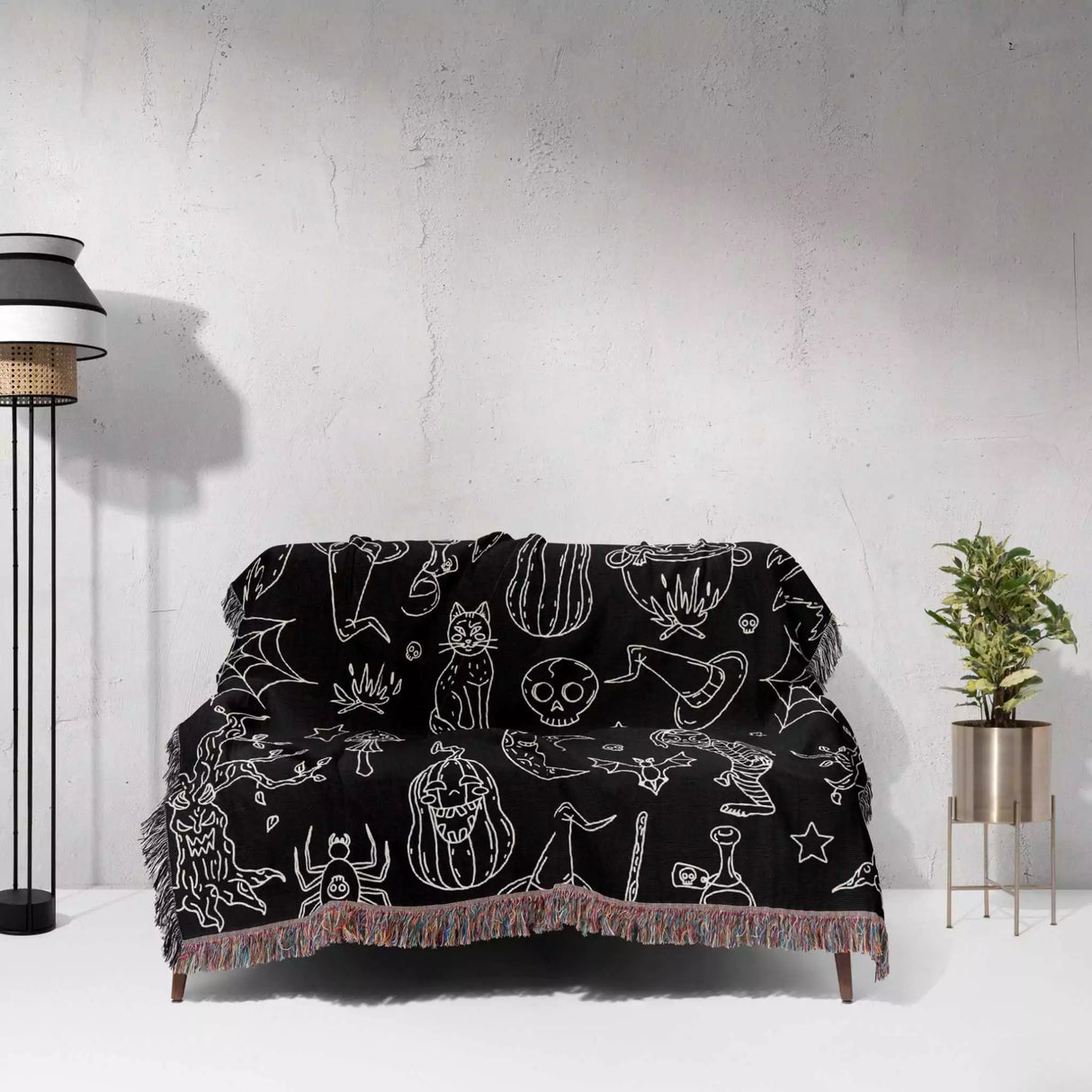 Halloween Spooky Line Art Black White Woven Throw Blanket and Tapestry - DesignerOllie.com
