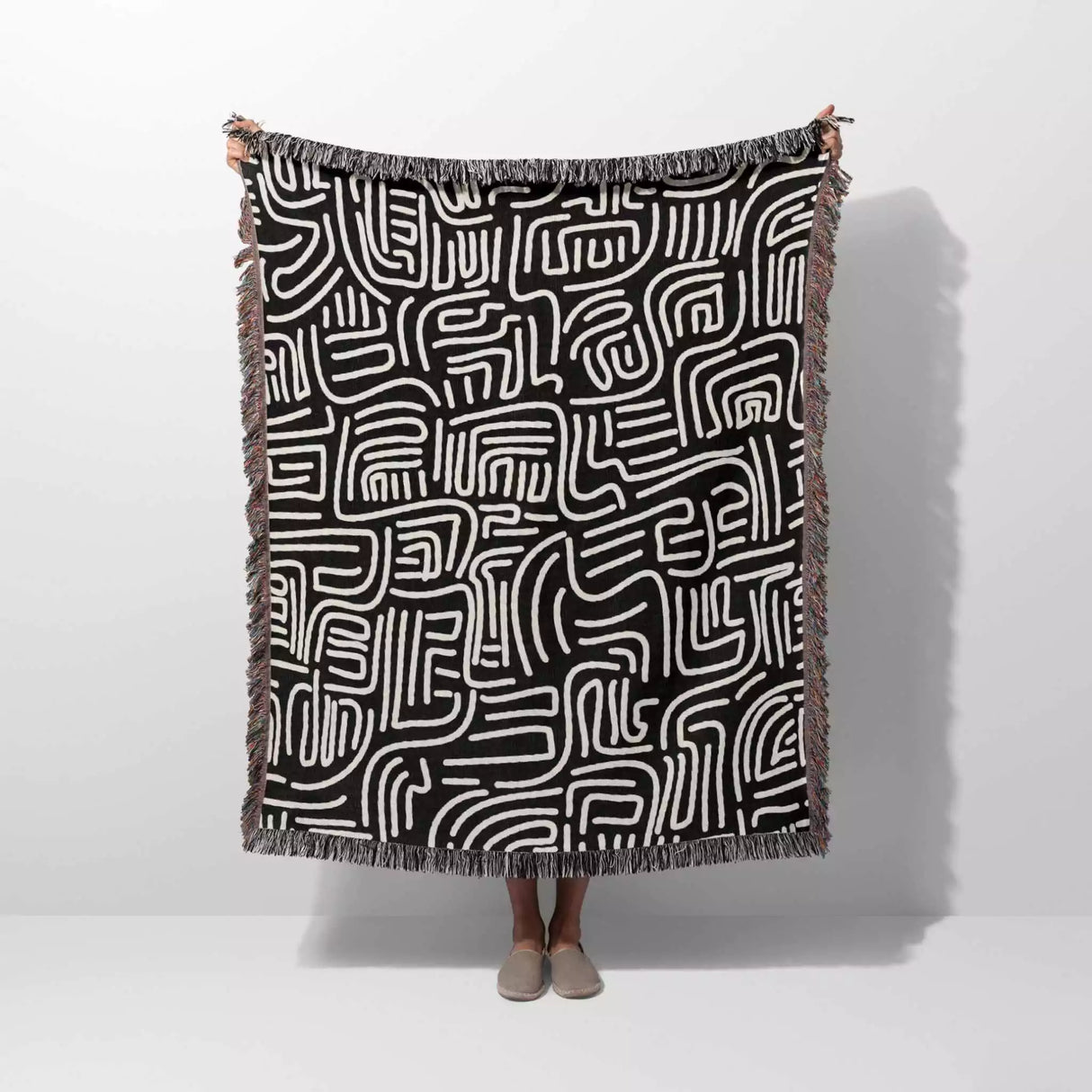 Hand Drawn Lines Black and White Woven Throw Blanket and Tapestry - DesignerOllie.com