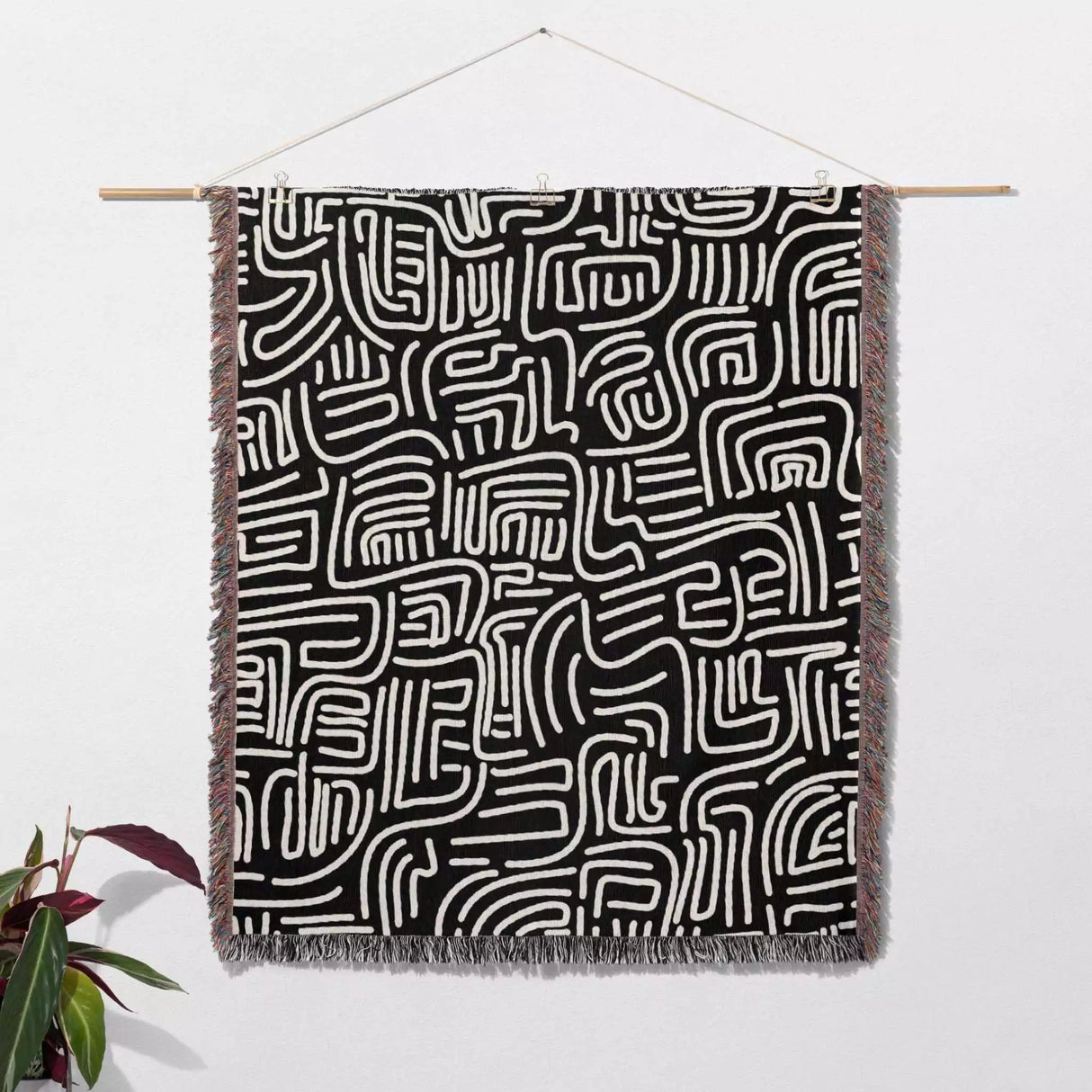 Hand Drawn Lines Black and White Woven Throw Blanket and Tapestry - DesignerOllie.com
