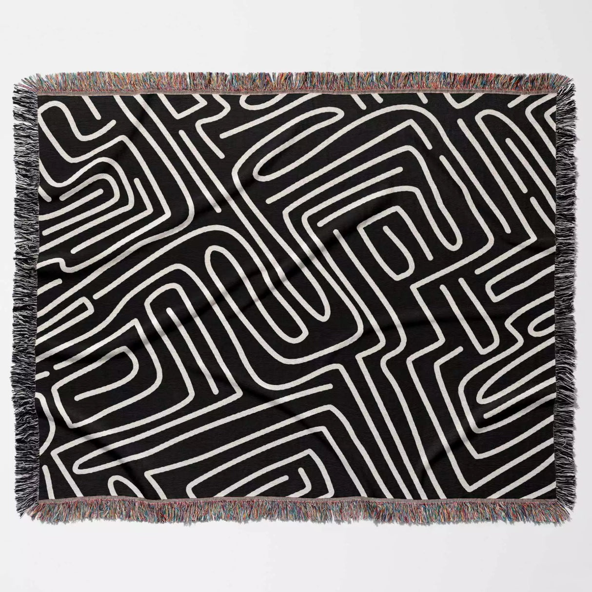 Hand Drawn Maze Black and White Monochrome Woven Throw Blanket and Tapestry - DesignerOllie.com