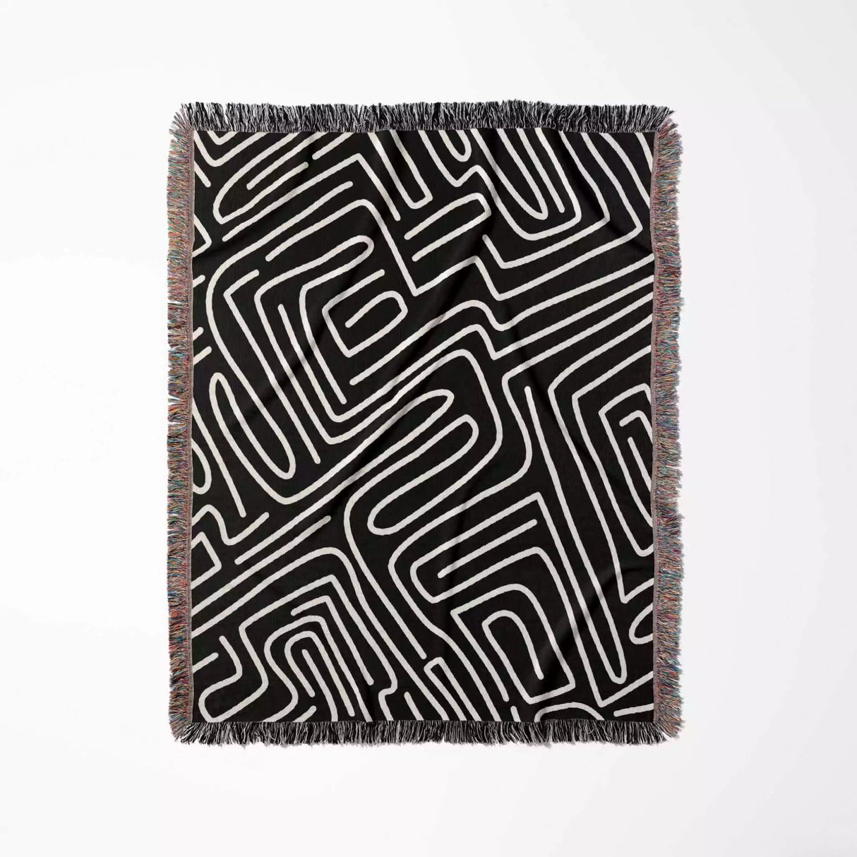 Hand Drawn Maze Black and White Monochrome Woven Throw Blanket and Tapestry - DesignerOllie.com