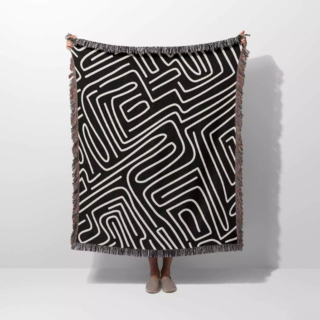 Hand Drawn Maze Black and White Monochrome Woven Throw Blanket and Tapestry - DesignerOllie.com