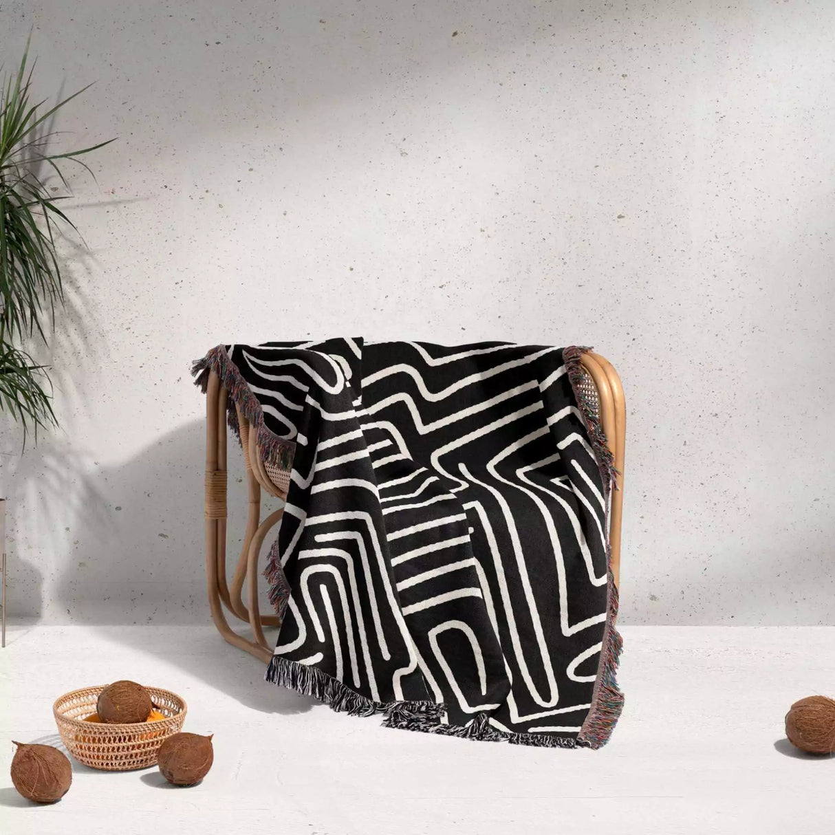 Hand Drawn Maze Black and White Monochrome Woven Throw Blanket and Tapestry - DesignerOllie.com