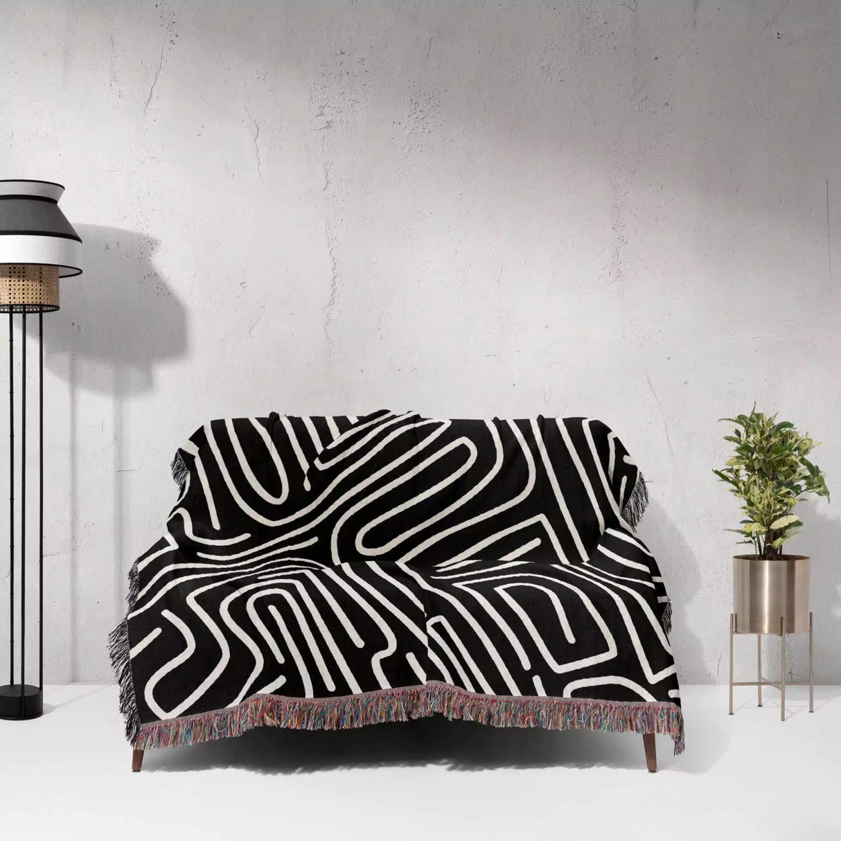 Hand Drawn Maze Black and White Monochrome Woven Throw Blanket and Tapestry - DesignerOllie.com