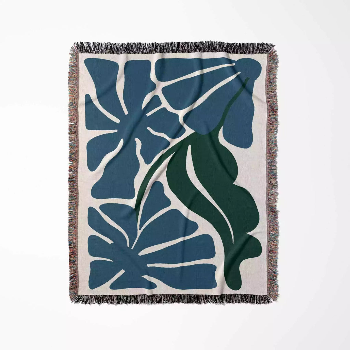 Decorative Henri Matisse blue flowers woven throw blanket blanket with leaf pattern on a white background