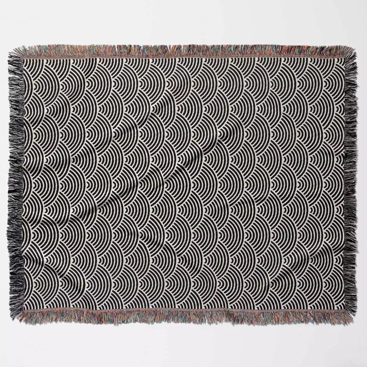 Japanese Wave Black and White Pattern Woven Throw Blanket and Tapestry - DesignerOllie.com