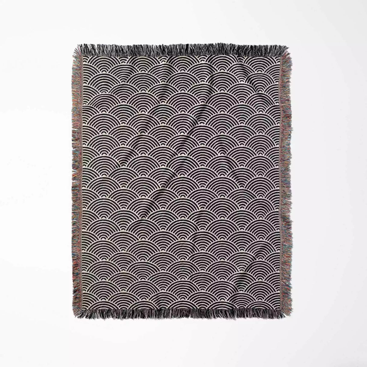 Japanese Wave Black and White Pattern Woven Throw Blanket and Tapestry - DesignerOllie.com