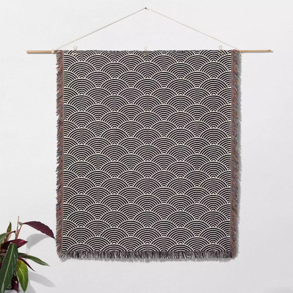 Japanese Wave Black and White Pattern Woven Throw Blanket and Tapestry - DesignerOllie.com