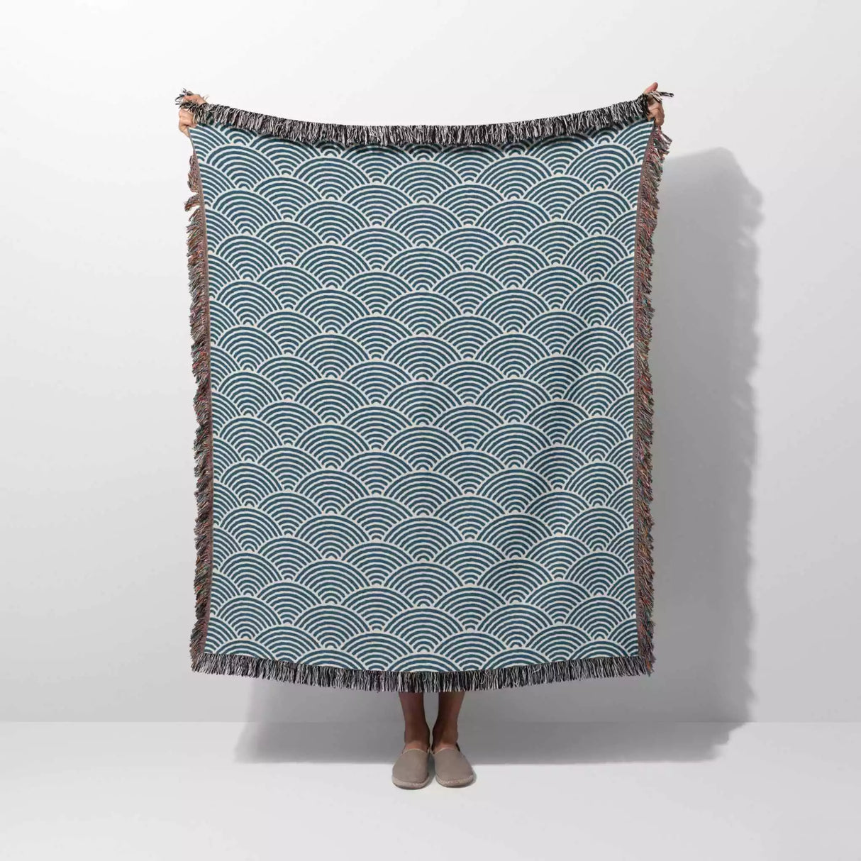 Japanese Wave Blue Pattern Woven Throw Blanket and Tapestry - DesignerOllie.com