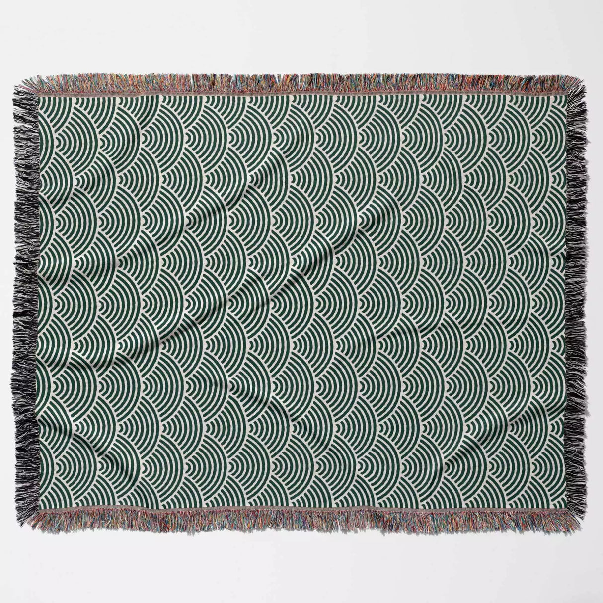 Japanese Wave Forest Green Pattern Woven Throw Blanket and Tapestry - DesignerOllie.com