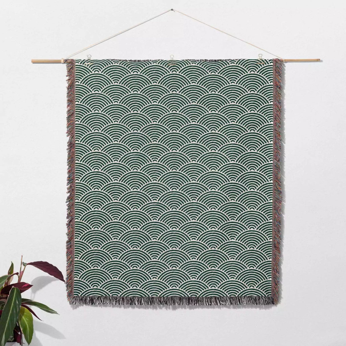 Japanese Wave Forest Green Pattern Woven Throw Blanket and Tapestry - DesignerOllie.com
