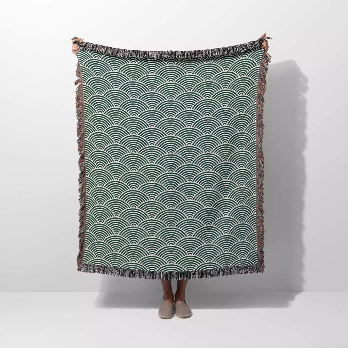 Japanese Wave Forest Green Pattern Woven Throw Blanket and Tapestry - DesignerOllie.com
