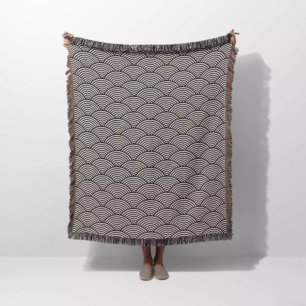 Japanese Wave Pattern Black And White Woven Throw Blanket and Tapestry ...