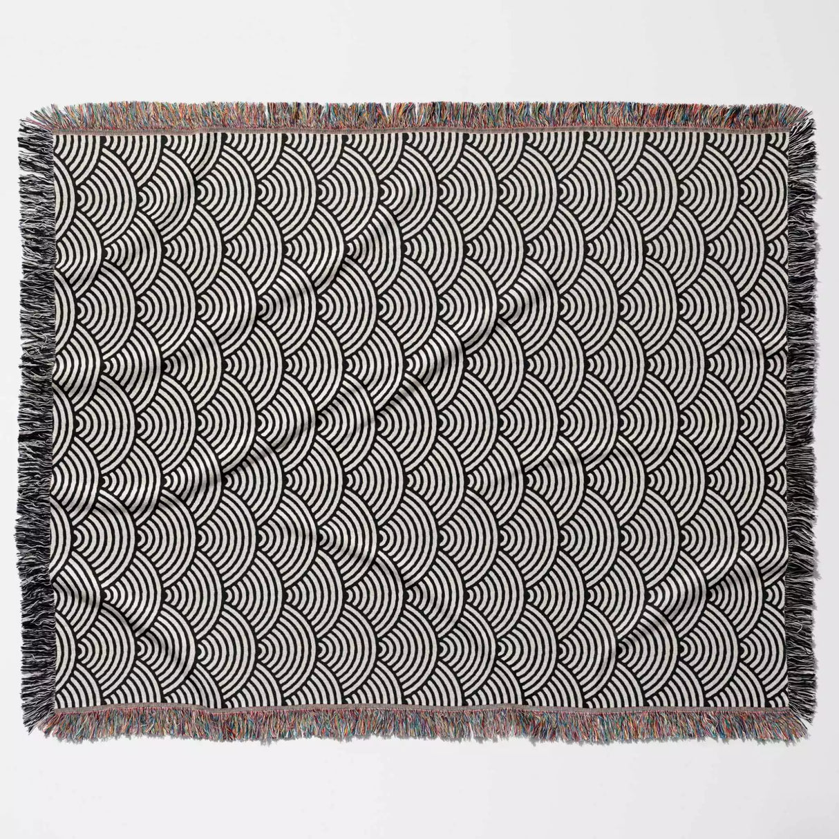 Japanese Wave Pattern Black And White Woven Throw Blanket and Tapestry - DesignerOllie.com