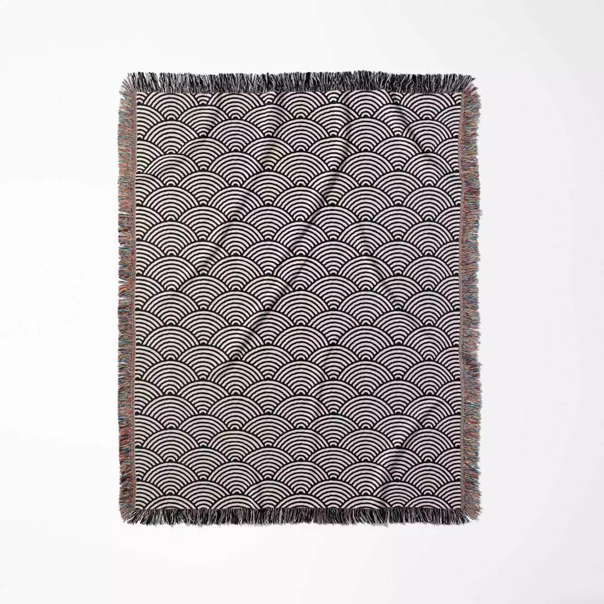 Japanese Wave Pattern Black And White Woven Throw Blanket and Tapestry - DesignerOllie.com