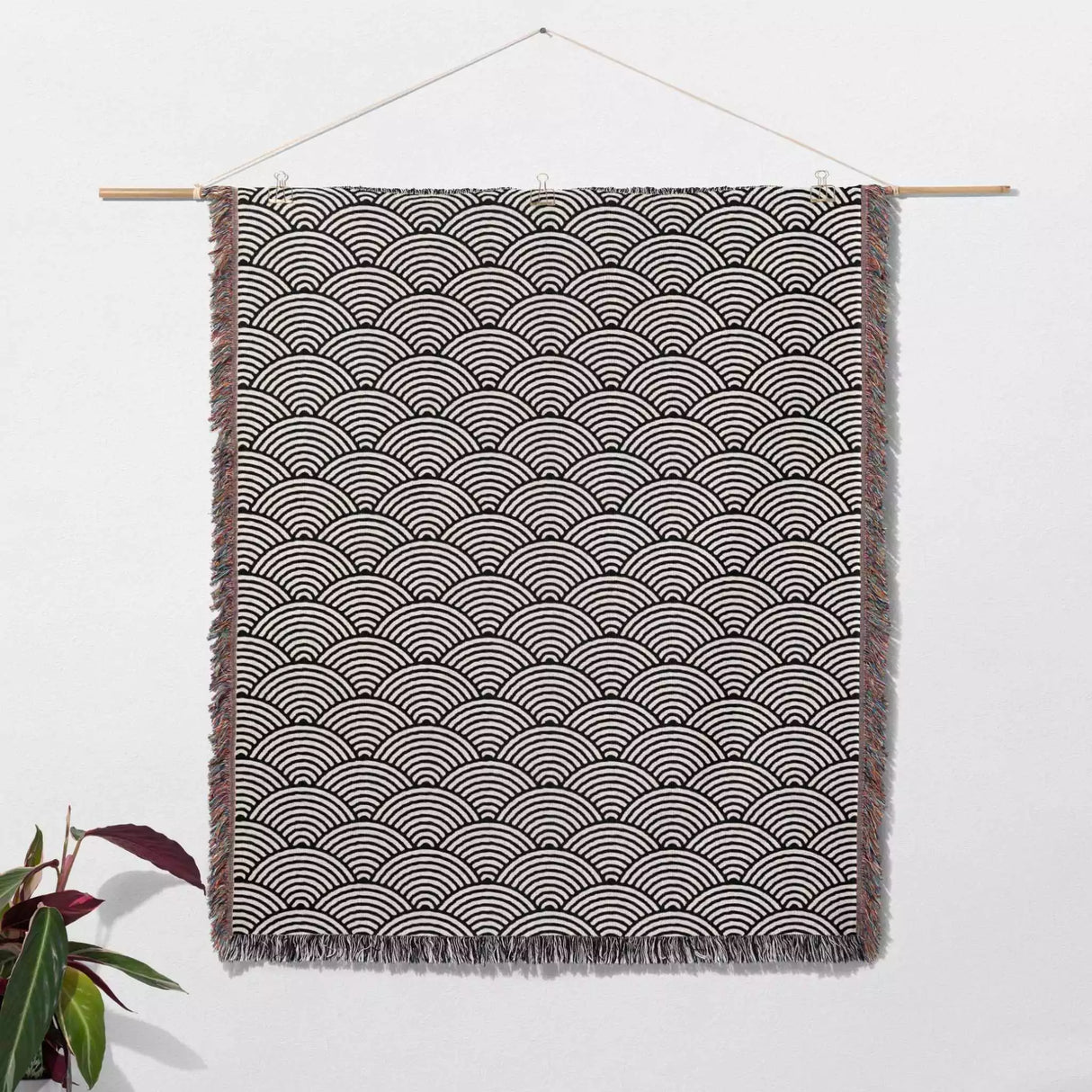 Japanese Wave Pattern Black And White Woven Throw Blanket and Tapestry - DesignerOllie.com