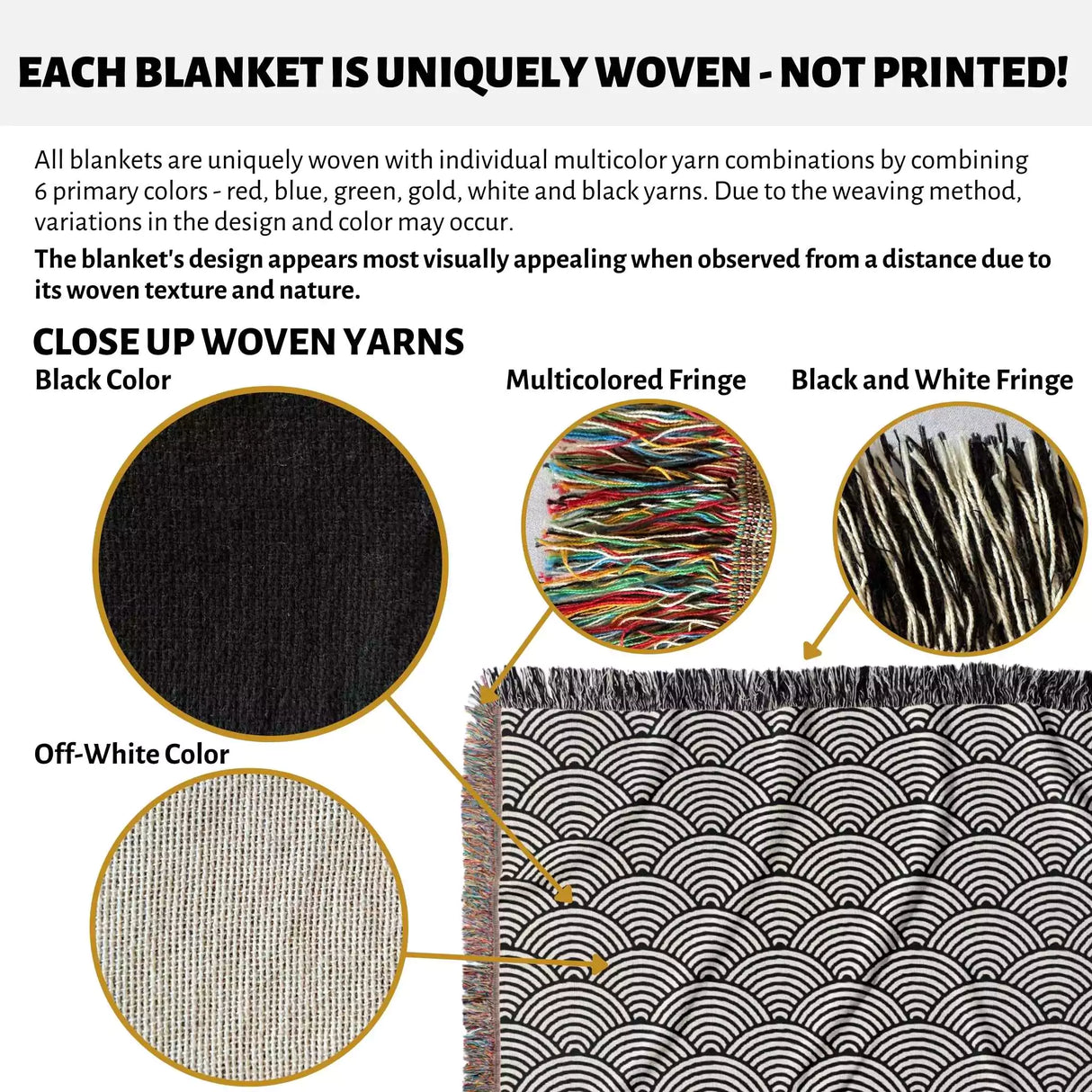 Japanese Wave Pattern Black And White Woven Throw Blanket and Tapestry - DesignerOllie.com