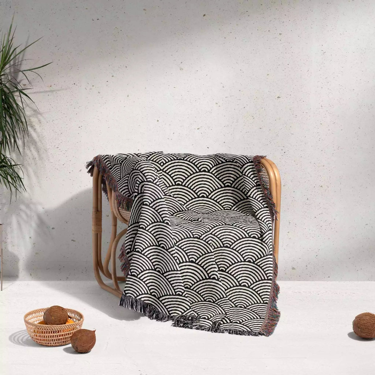 Japanese Wave Pattern Black And White Woven Throw Blanket and Tapestry - DesignerOllie.com