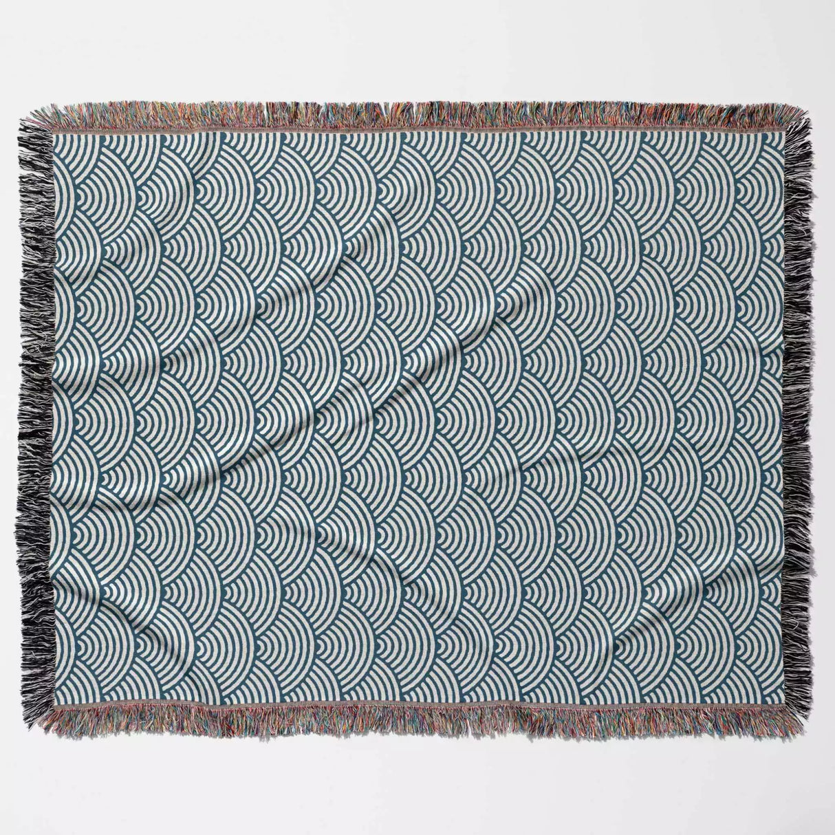 Japanese Wave Pattern Blue Woven Throw Blanket and Tapestry - DesignerOllie.com