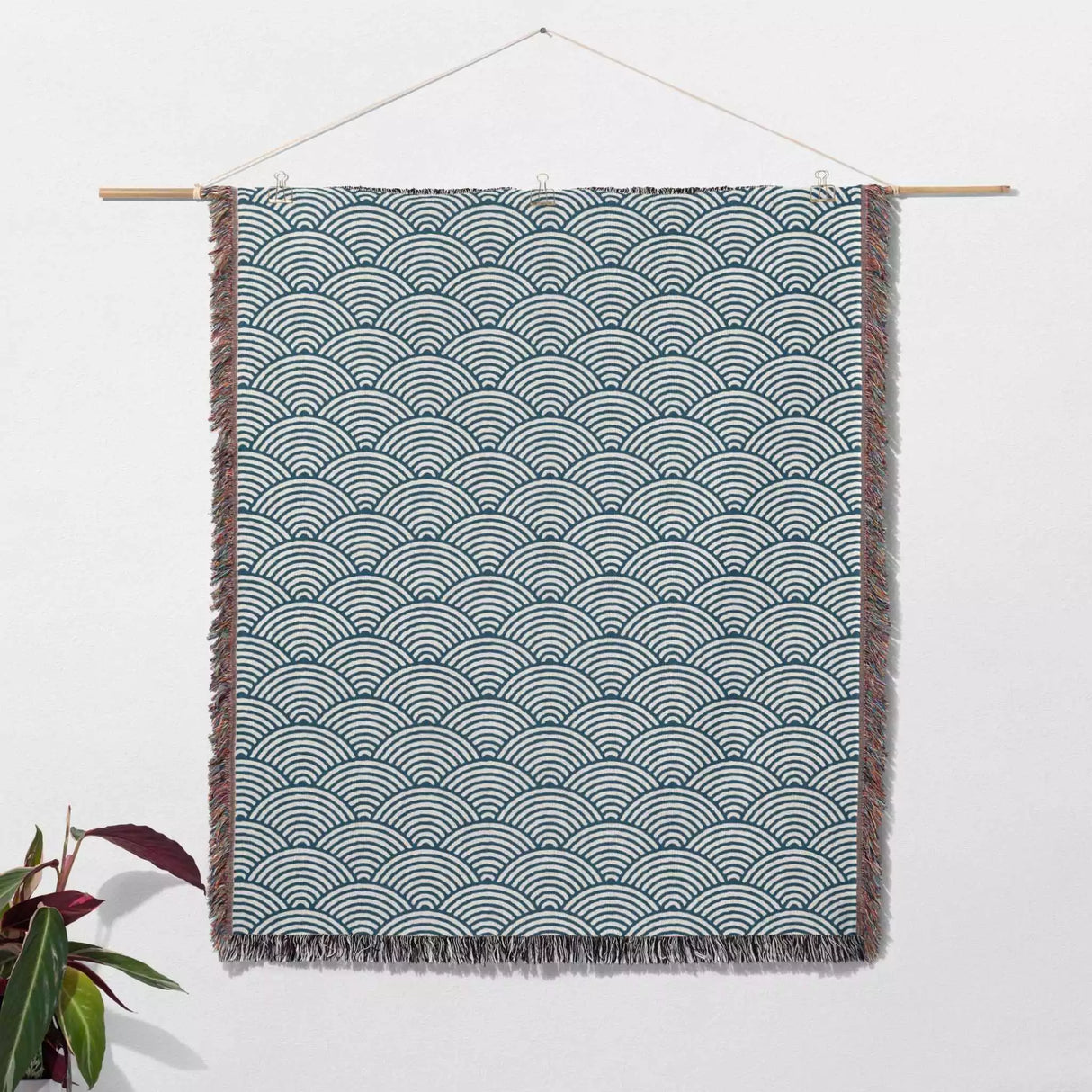 Japanese Wave Pattern Blue Woven Throw Blanket and Tapestry - DesignerOllie.com