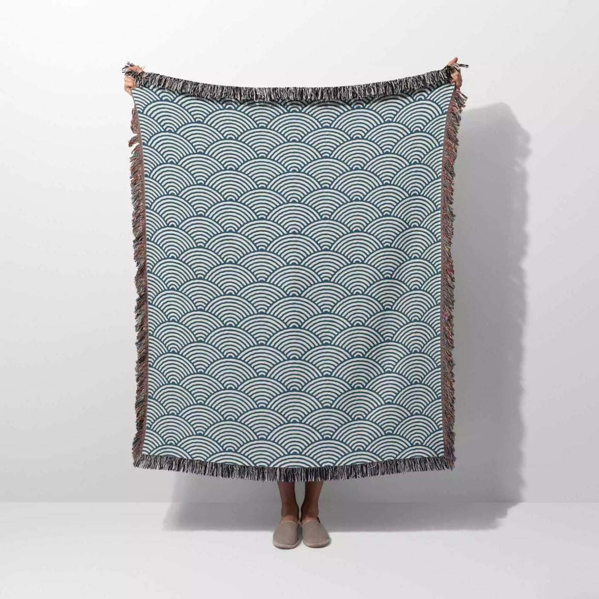Japanese Wave Pattern Blue Woven Throw Blanket and Tapestry - DesignerOllie.com