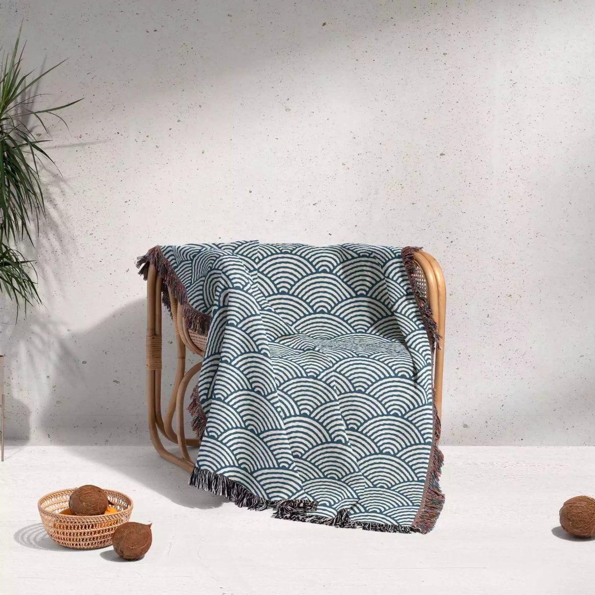 Japanese Wave Pattern Blue Woven Throw Blanket and Tapestry - DesignerOllie.com