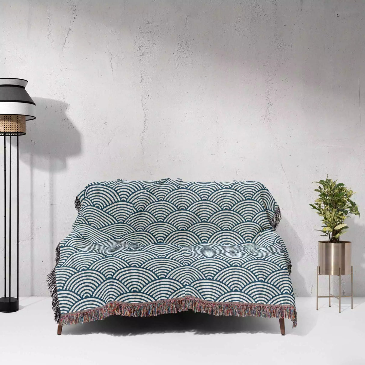 Japanese Wave Pattern Blue Woven Throw Blanket and Tapestry - DesignerOllie.com