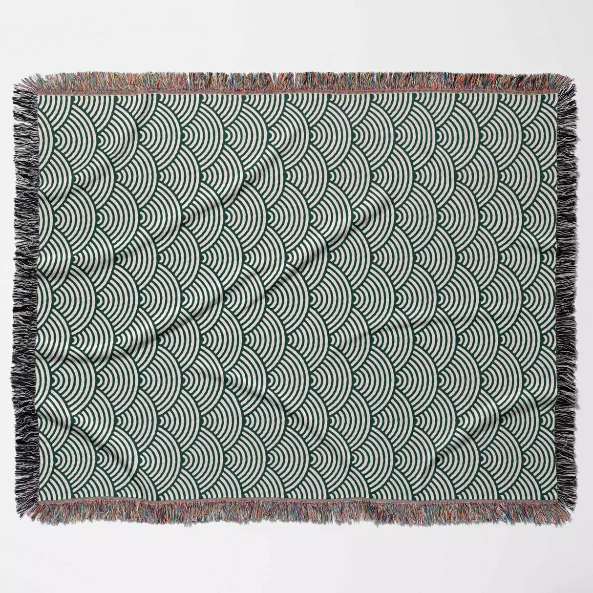 Japanese Wave Pattern Forest Green Woven Throw Blanket and Tapestry - DesignerOllie.com