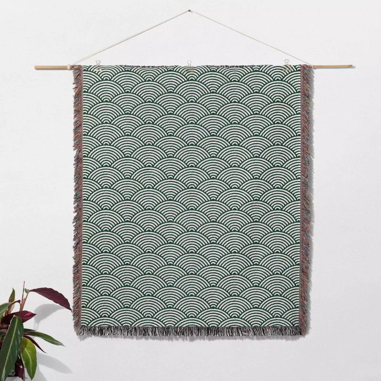 Japanese Wave Pattern Forest Green Woven Throw Blanket and Tapestry - DesignerOllie.com