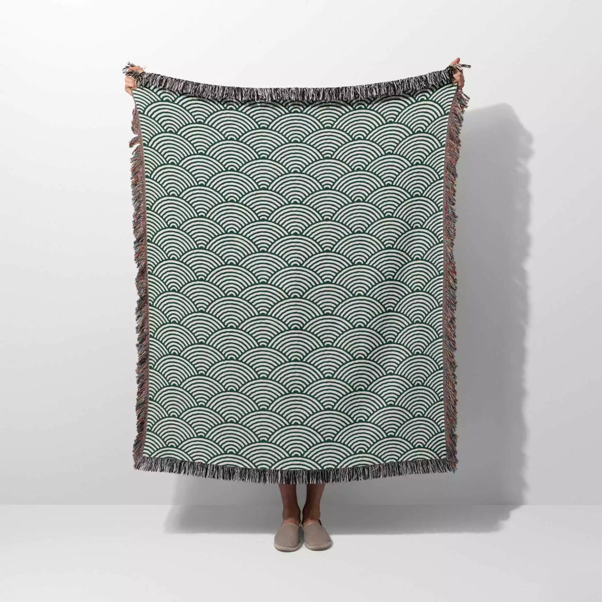 Japanese Wave Pattern Forest Green Woven Throw Blanket and Tapestry - DesignerOllie.com