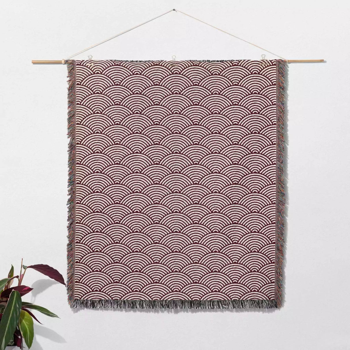 Japanese Wave Pattern Red Woven Throw Blanket and Tapestry - DesignerOllie.com