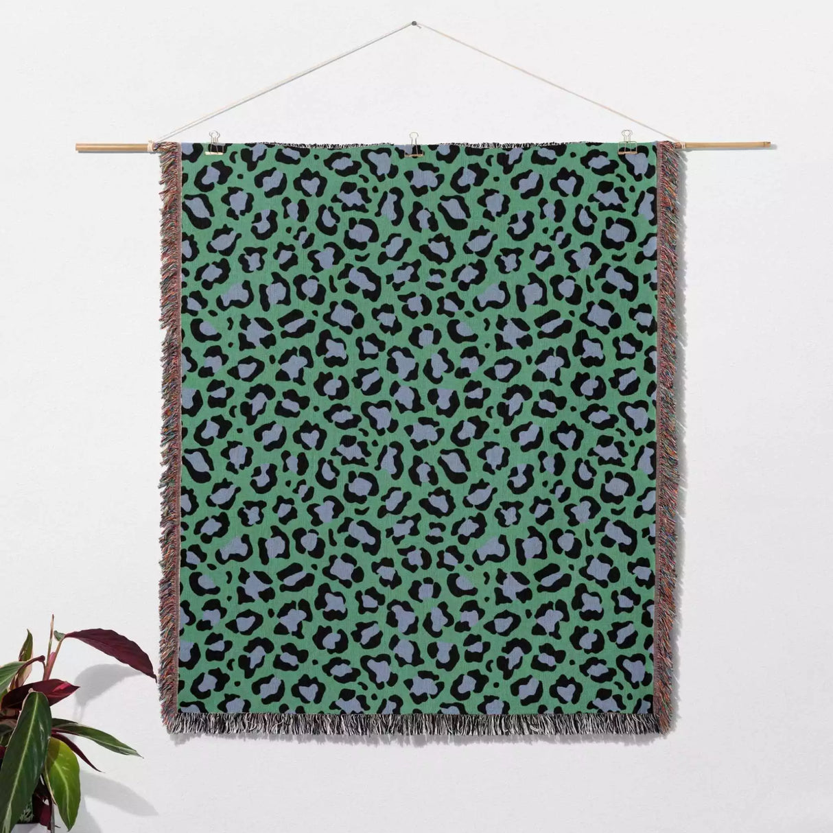 Leopard Animal Print Blue and Green Woven Throw Blanket and Tapestry - DesignerOllie.com
