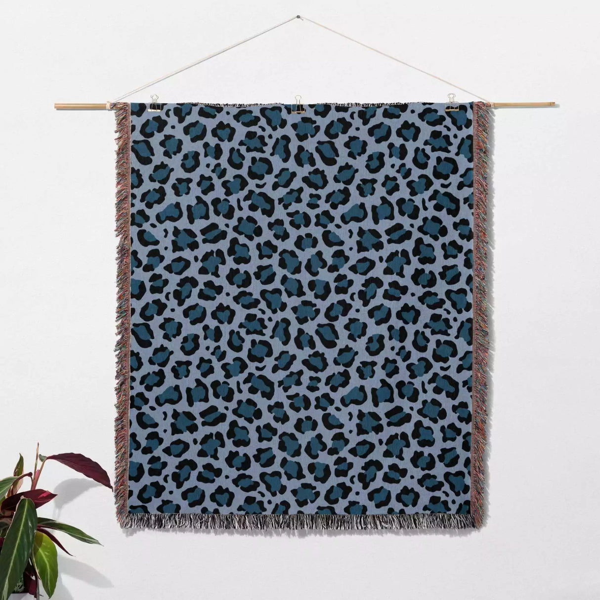 Leopard Animal Print Blue and Light Blue Woven Throw Blanket and Tapestry - DesignerOllie.com