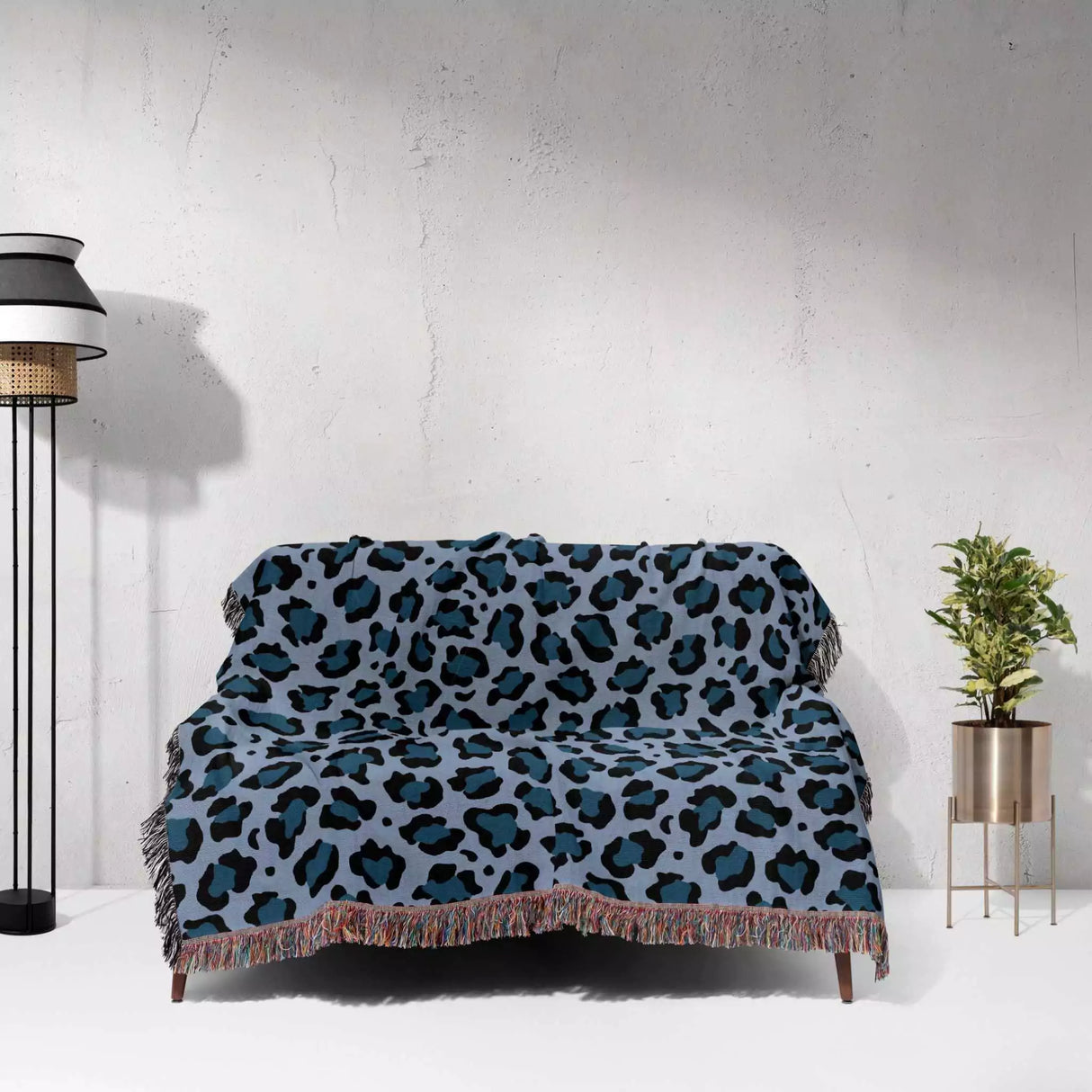 Leopard Animal Print Blue and Light Blue Woven Throw Blanket and Tapestry - DesignerOllie.com