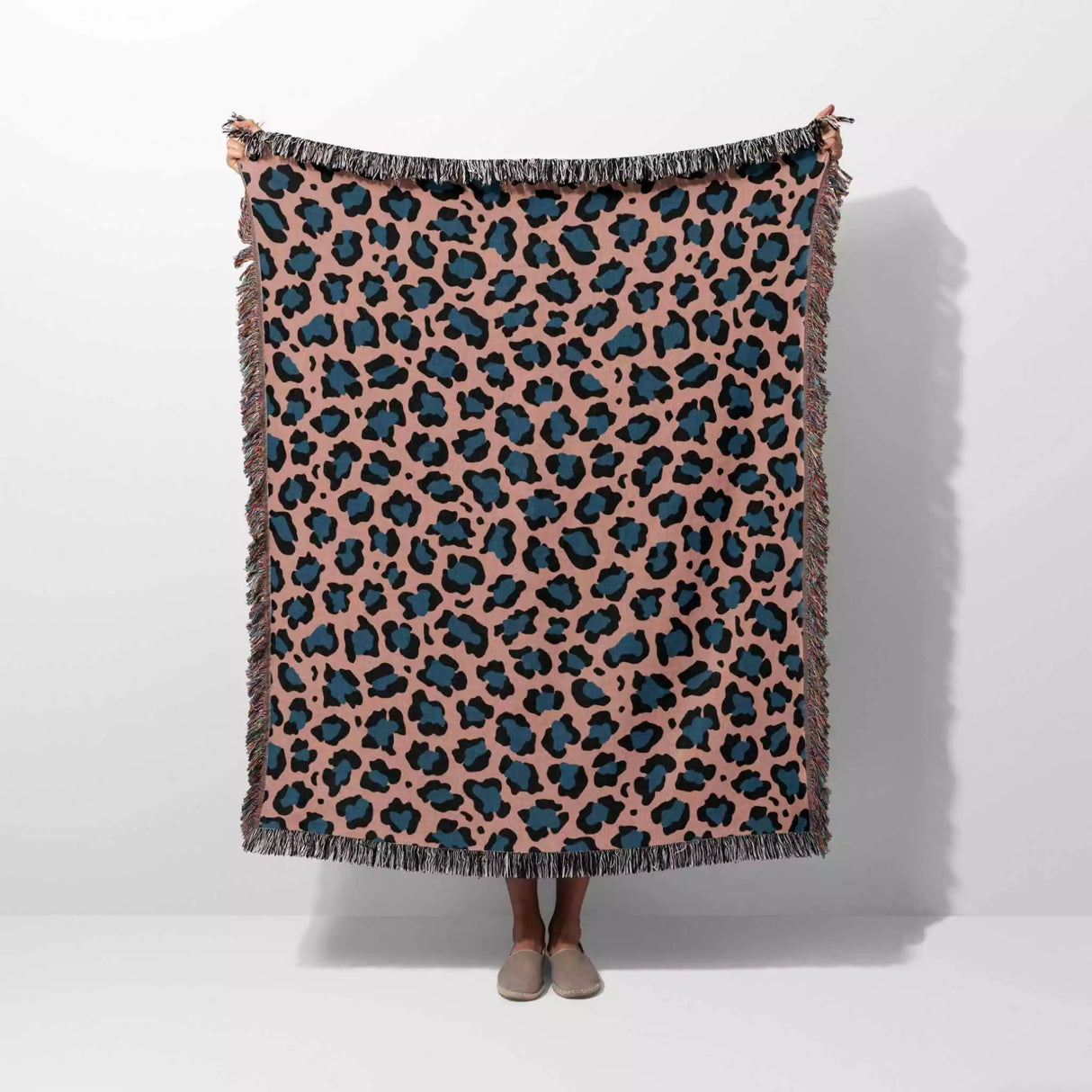 Leopard Animal Print Blue and Light Red Woven Throw Blanket and Tapestry - DesignerOllie.com