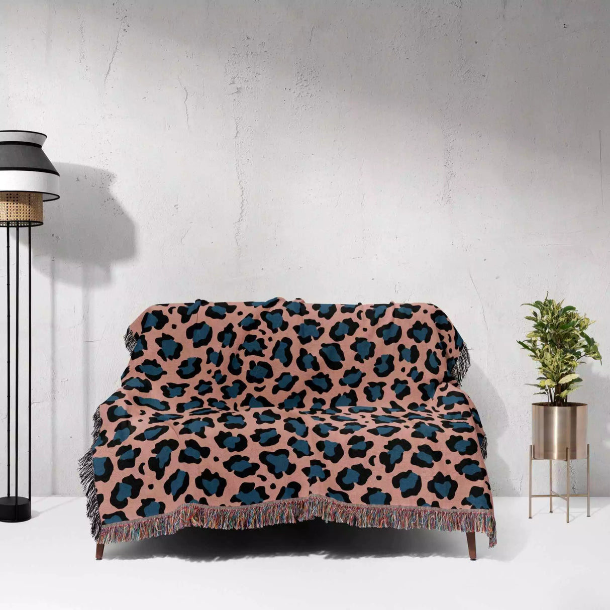 Leopard Animal Print Blue and Light Red Woven Throw Blanket and Tapestry - DesignerOllie.com