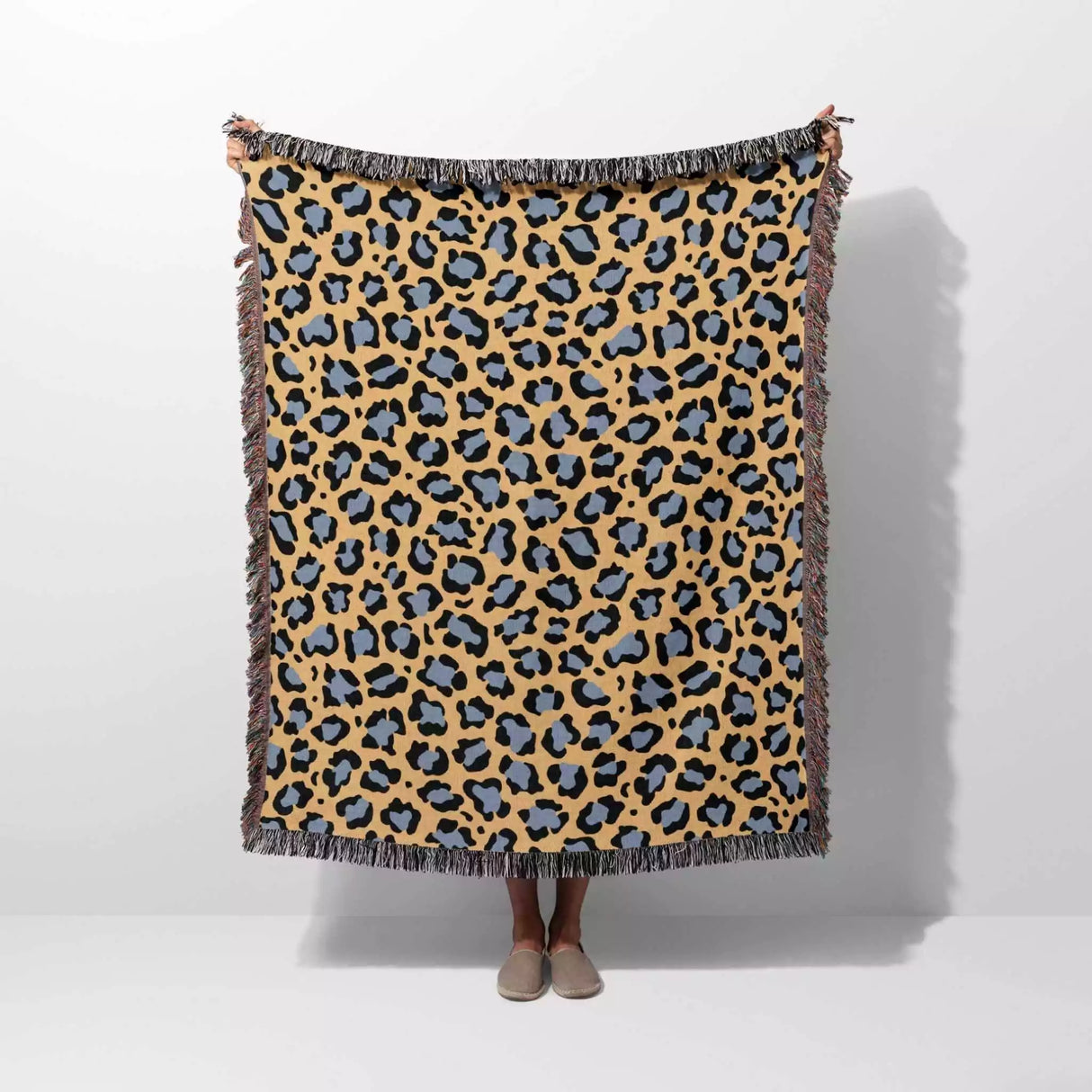 Leopard Animal Print Blue and Orange Woven Throw Blanket and Tapestry - DesignerOllie.com