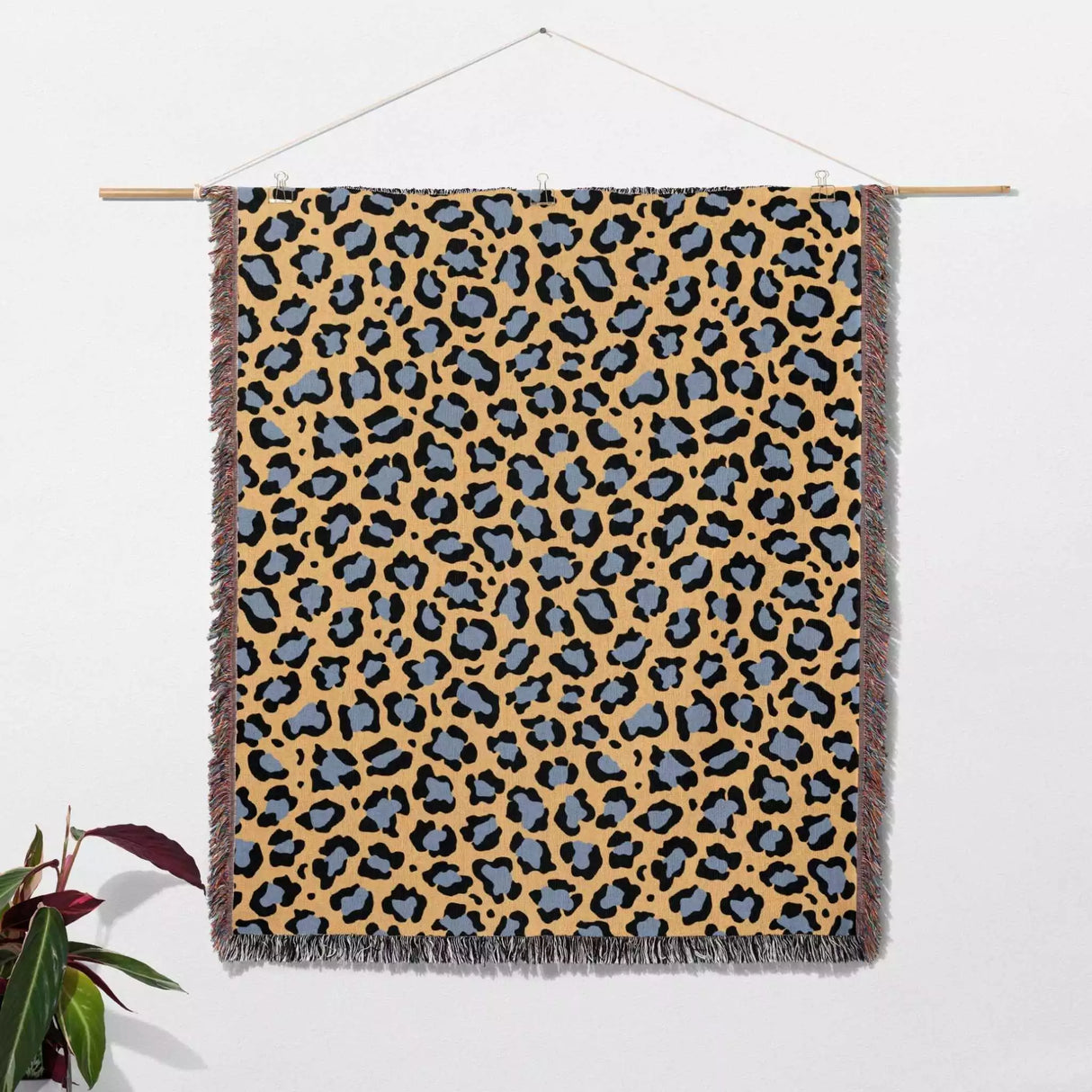 Leopard Animal Print Blue and Orange Woven Throw Blanket and Tapestry - DesignerOllie.com