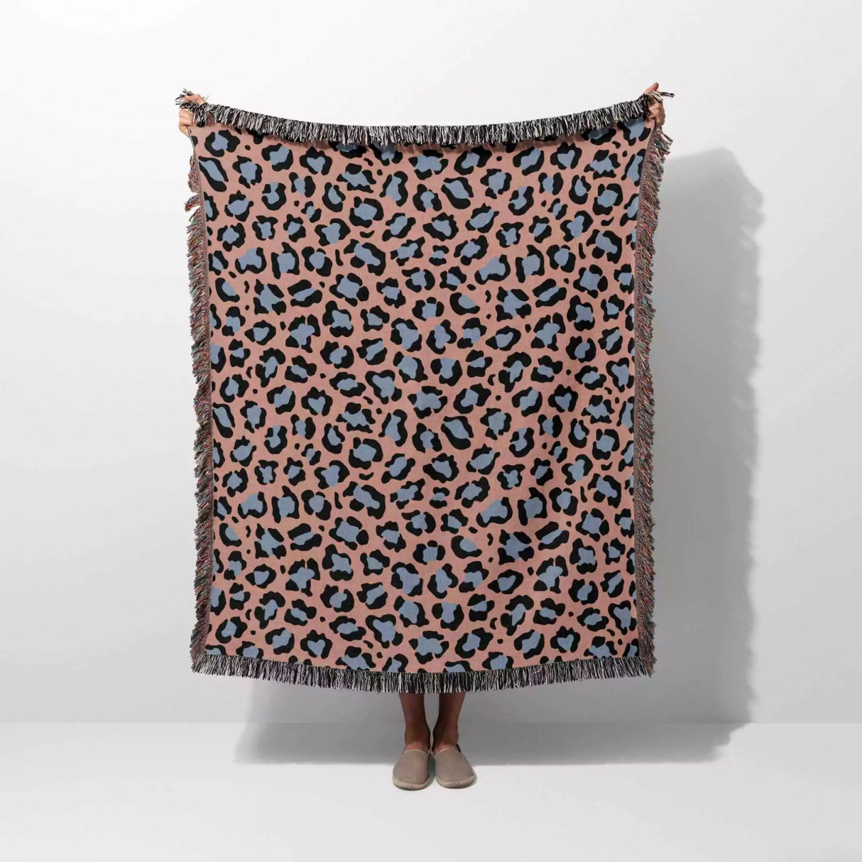 Leopard Animal Print Light Blue and Red Woven Throw Blanket and Tapestry - DesignerOllie.com