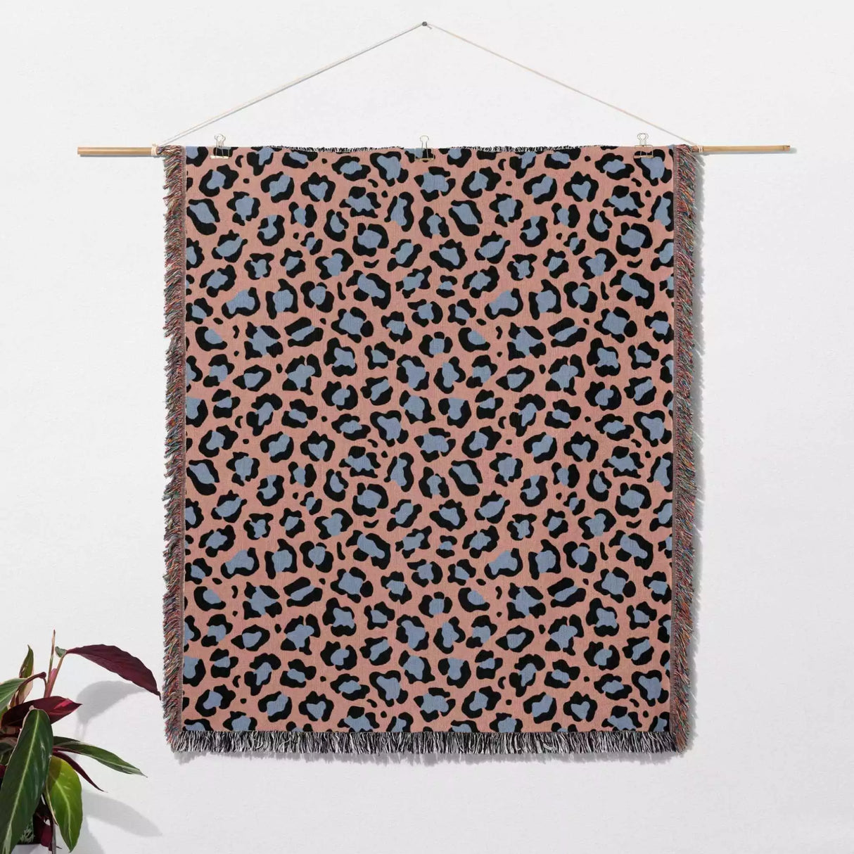 Leopard Animal Print Light Blue and Red Woven Throw Blanket and Tapestry - DesignerOllie.com
