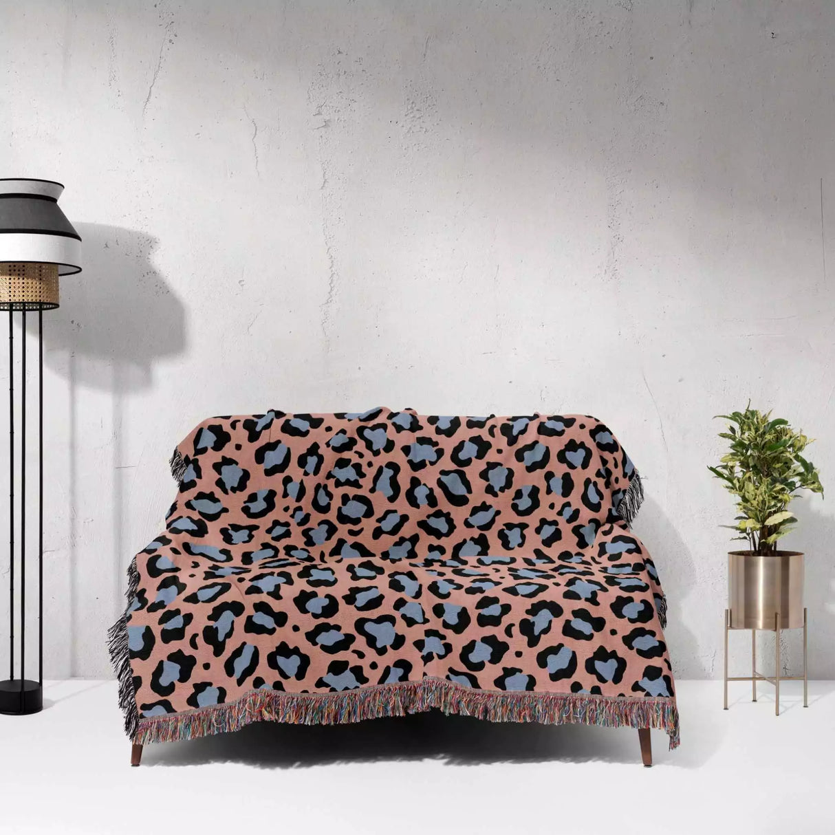 Leopard Animal Print Light Blue and Red Woven Throw Blanket and Tapestry - DesignerOllie.com