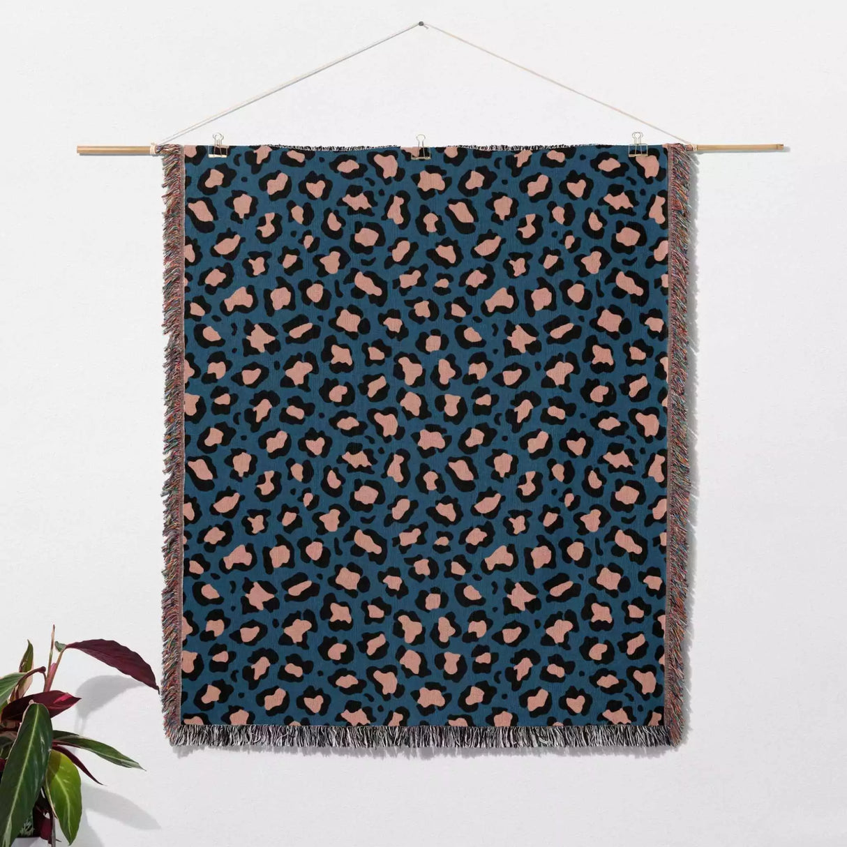 Leopard Animal Print Light Red and Blue Woven Throw Blanket and Tapestry - DesignerOllie.com