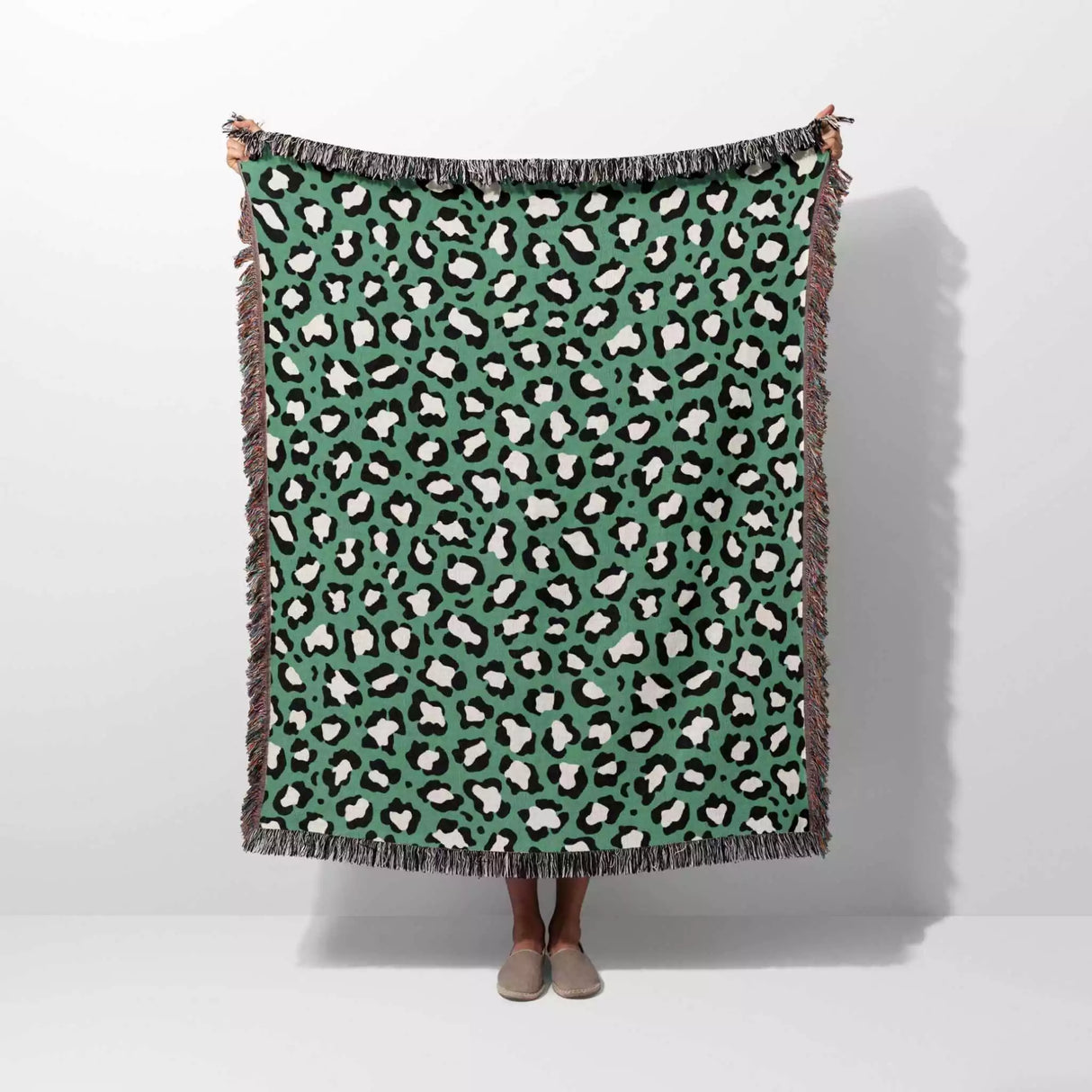 Leopard Animal Print White and Green Woven Throw Blanket and Tapestry - DesignerOllie.com