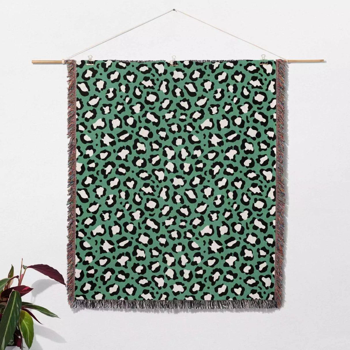 Leopard Animal Print White and Green Woven Throw Blanket and Tapestry - DesignerOllie.com