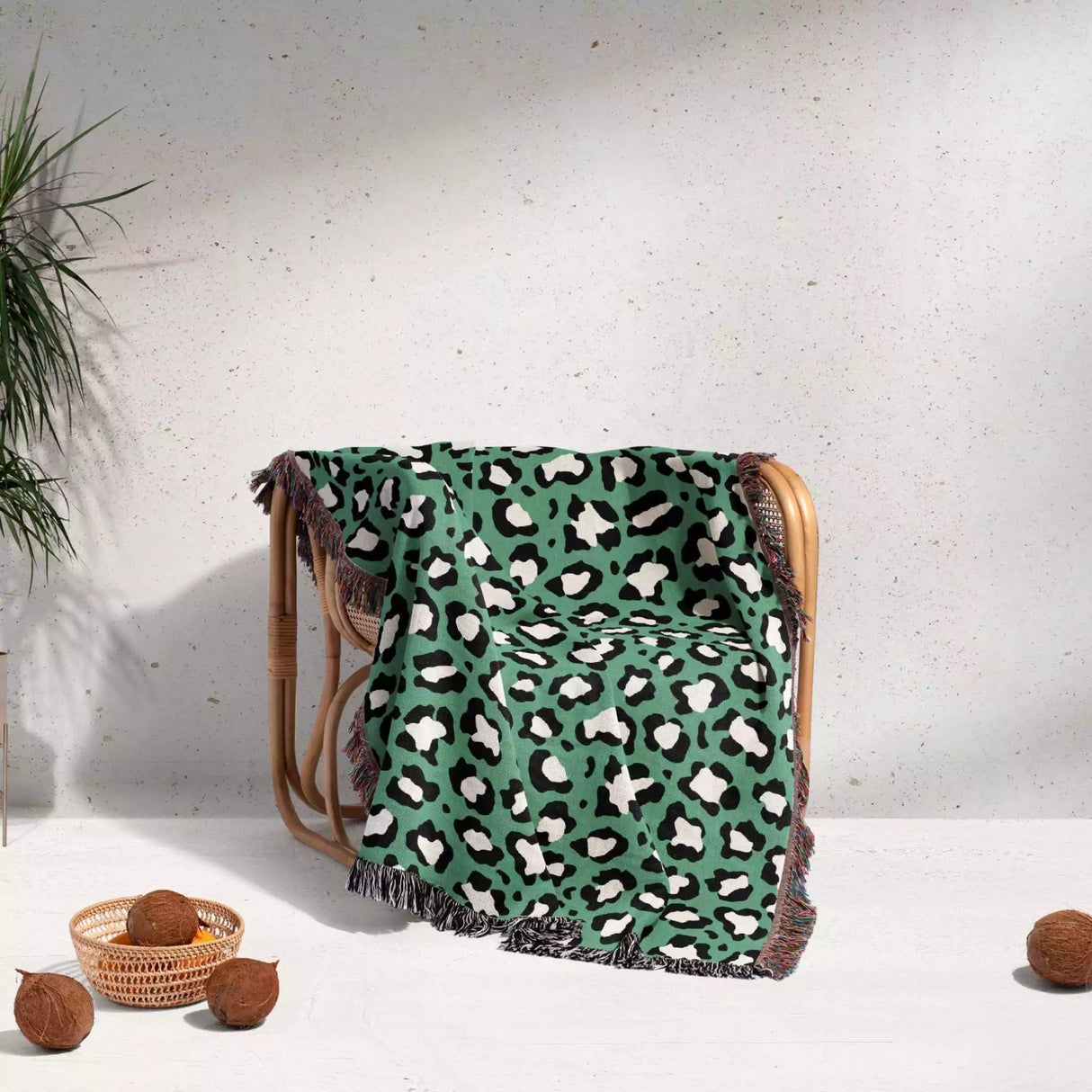 Leopard Animal Print White and Green Woven Throw Blanket and Tapestry - DesignerOllie.com