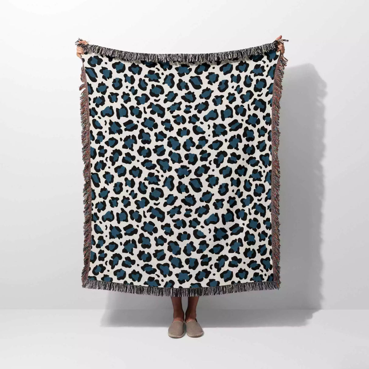 Leopard Print Black and Blue Woven Throw Blanket and Tapestry - DesignerOllie.com