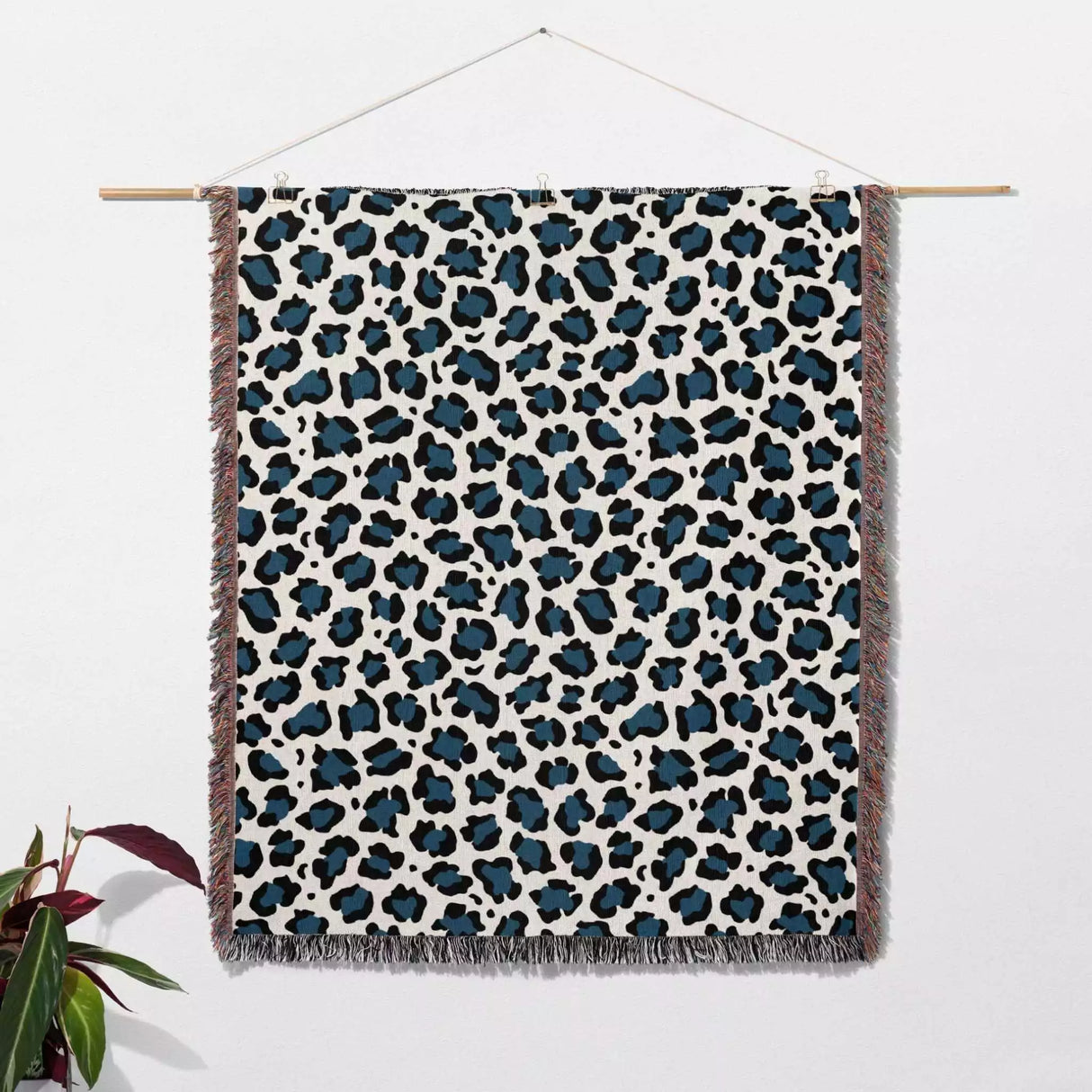 Leopard Print Black and Blue Woven Throw Blanket and Tapestry - DesignerOllie.com