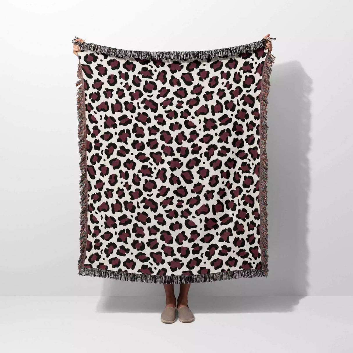 Leopard Print Black and Bordeaux Woven Throw Blanket and Tapestry - DesignerOllie.com