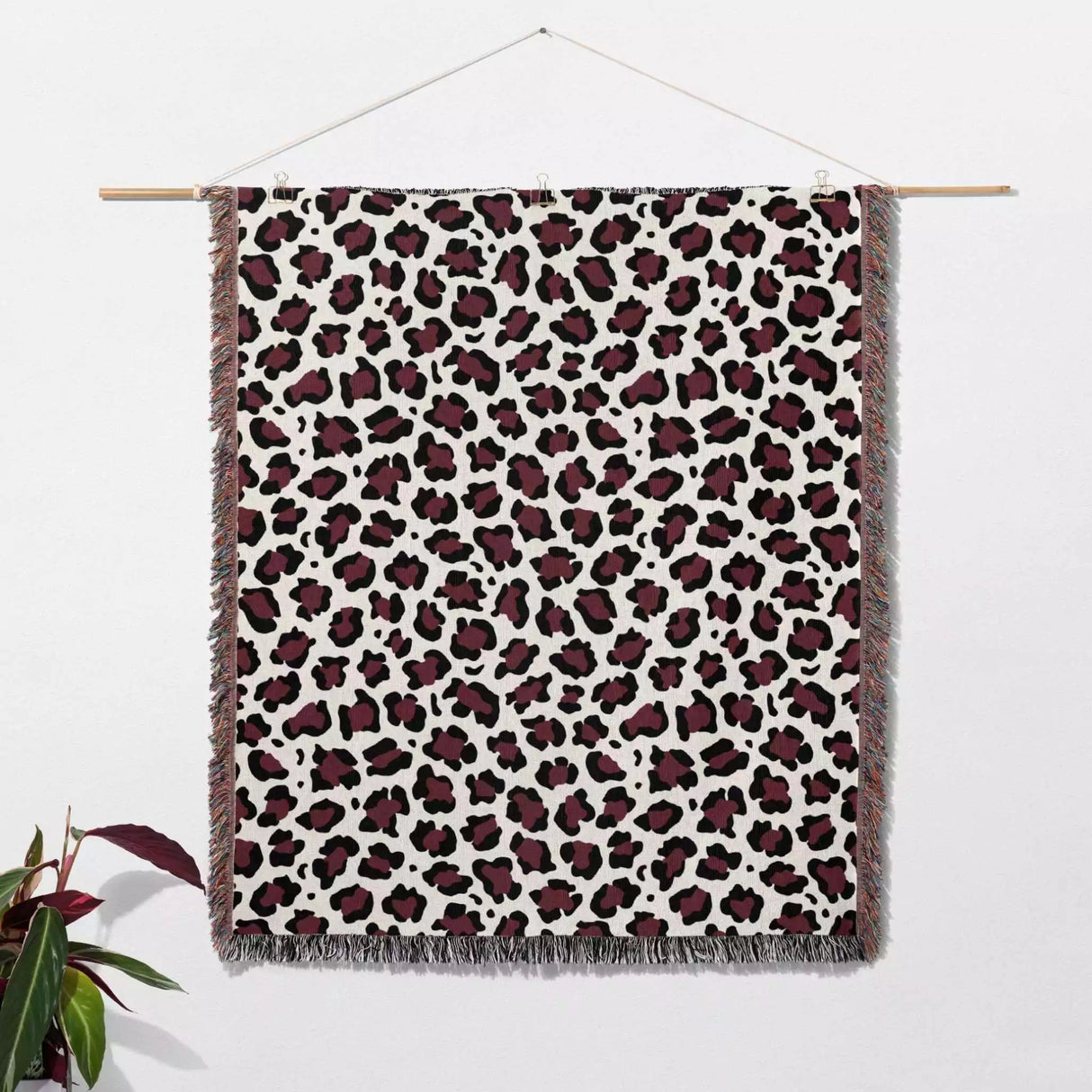 Leopard Print Black and Bordeaux Woven Throw Blanket and Tapestry - DesignerOllie.com
