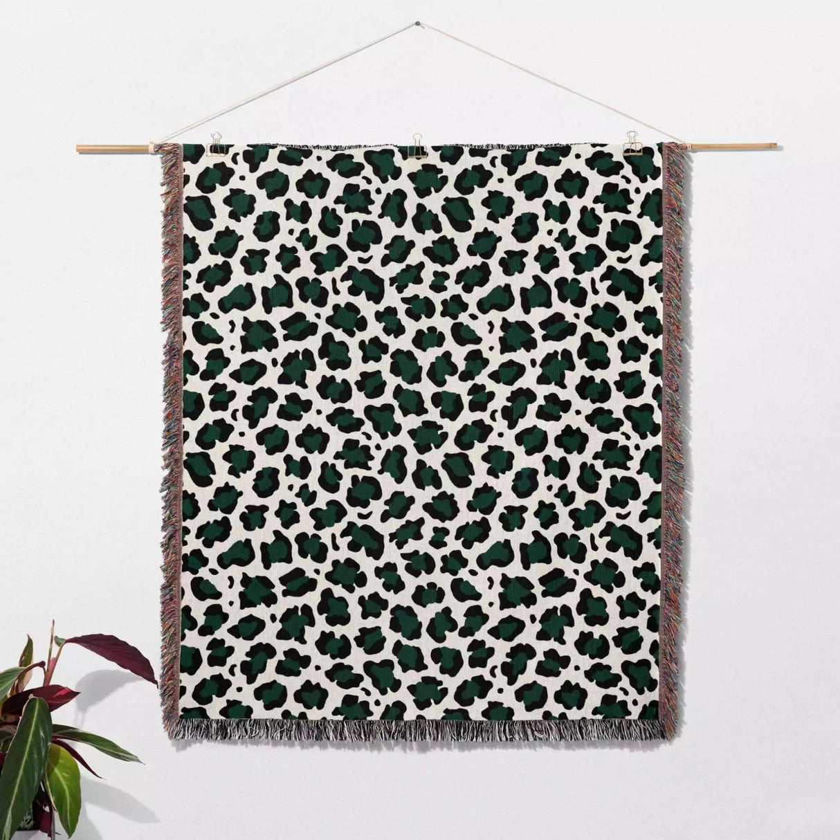 Leopard Print Black and Forest Green Woven Throw Blanket and Tapestry - DesignerOllie.com